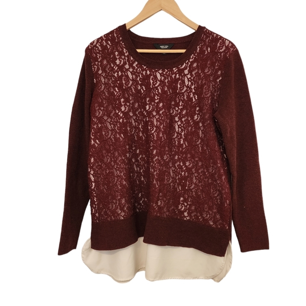 Simply Vera Wang Burgundy Scoop Neck Lace Layered Long Sleeve Women's Top XL